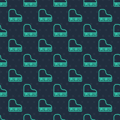 Green line Grand piano icon isolated seamless pattern on blue background. Musical instrument. Vector