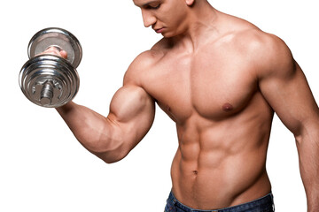 Fototapeta na wymiar Portrait of a handsome muscle man with dumbbell posing isolated on background