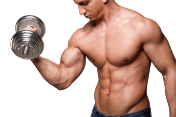 Portrait of a handsome muscle man with dumbbell posing isolated on  background