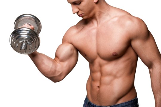 Portrait of a handsome muscle man with dumbbell posing isolated on  background