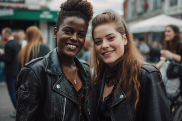 Obraz premium Two women friends in leather jackets on the street. Generative AI.