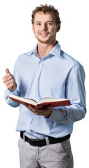 young professor teaching while holding a pen and a book