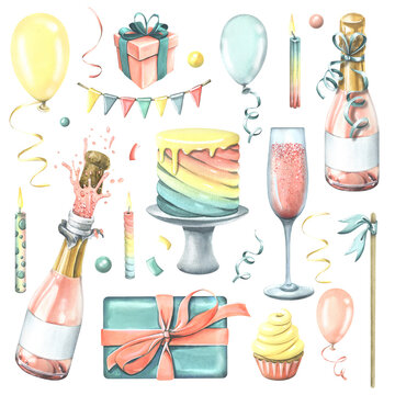 Festive set for a birthday or holiday with a cake, gifts, candles, champagne in bottles and glasses, balloons. Watercolor illustration hand drawn. Isolated objects on a white background.