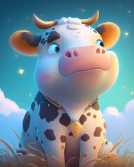Cow in the Grass with Flowers Cartoon Illustration - ( Generative AI ) 