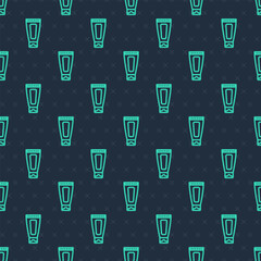 Green line Cream or lotion cosmetic tube icon isolated seamless pattern on blue background. Body care products for woman. Vector