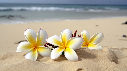 Fototapeta na wymiar Plumeria flowers on the beach on the sand. selective focus. flower Generative AI,