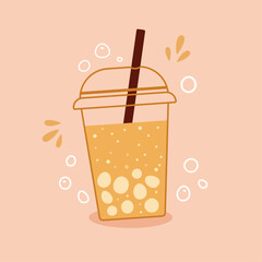 Bubble tea orange lemonade on cup with lid and straw