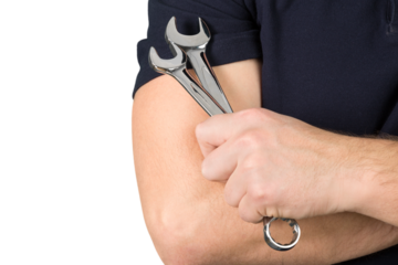 Man holding metal wrenches tools on white background