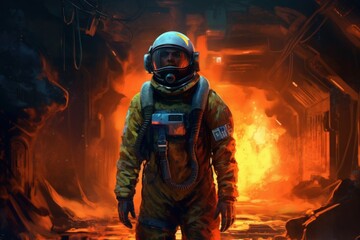 Fototapeta na wymiar A man in a space suit stands by the fire. Standing in hell. Generative AI.