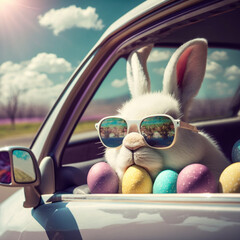 Fototapeta na wymiar A rabbit wearing sunglasses and a purple sunglasses looks out of a car window