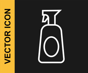 White line Cleaning spray bottle with detergent liquid icon isolated on black background. Vector