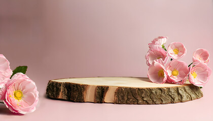 still life with flowers, Minimal modern product display on white background. Wood slice podium and...