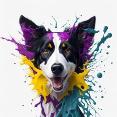 Portrait of a border collie dog with colorful paint splash. generative AI illustration