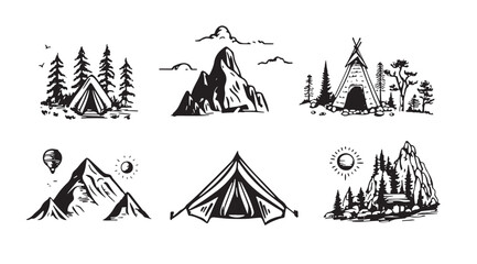 Camping set, Mountain landscape, hand drawn style, vector illustration.