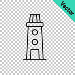 Black line Lighthouse icon isolated on transparent background. Vector
