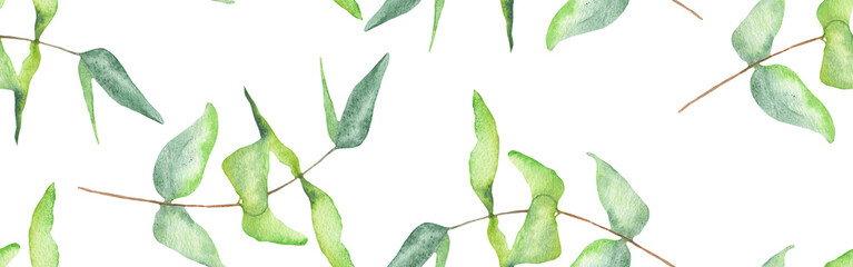 Watercolor frame - illustration with green leaves and branches and golden elements, for wedding stationery, congratulations, wallpapers and more on white bacground.