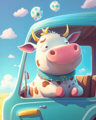 Cow driving car , Cow riding car , Soft  Illustration cartoon - ( Generative AI ) 