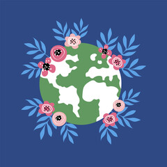 Earth Day, save the earth. The concept of environmental problems, environmental protection, care for our world. Colored flat illustration of the planet in flowers