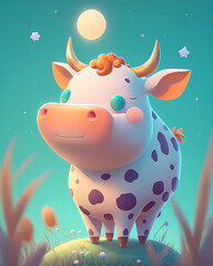 Cow in the Grass with Flowers Cartoon Illustration - ( Generative AI ) 