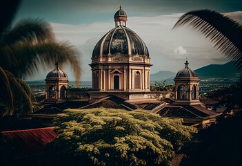 Cathedral of Granada from rooftop, with Lake Nicaragua in the background. Generative AI