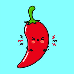 Cute angry Chili pepper character. Vector hand drawn cartoon kawaii character illustration icon. Isolated on blue background. Sad Chili pepper character concept