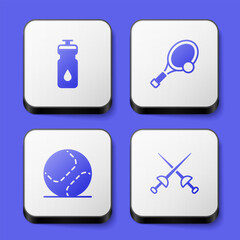 Set Fitness shaker, Tennis racket with ball, Baseball and Fencing icon. White square button. Vector