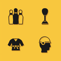 Set Bowling pin, Baseball helmet, Kimono and Punching bag icon with long shadow. Vector