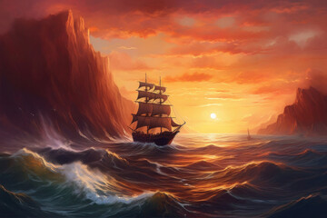 Painting depicting a ship in the middle of the ocean in the style of romanticism. Generative AI.