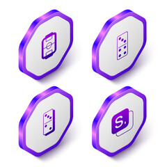 Set Isometric Table football, Domino, and Bingo icon. Purple hexagon button. Vector