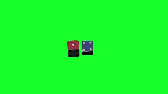 Red and blue dice rolling against a casino table. 3D footage animation 4k resolution. Green color background.