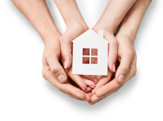 Hands holding house model isolated on white