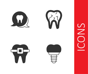 Set Dental implant, Tooth, Teeth with braces and Broken tooth icon. Vector