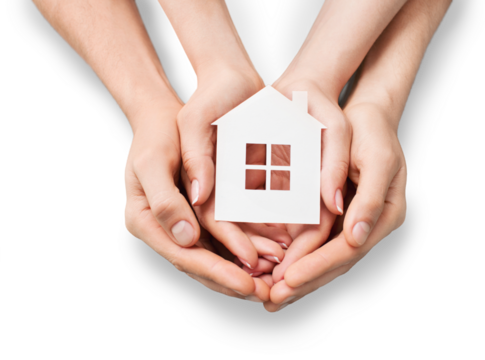 Hands holding house model isolated on white
