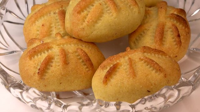 Traditional eid maamoul or mamoul cookies with dates, nuts, and jam, Arabic sweets for Aid al-Fitr and easter, High quality video