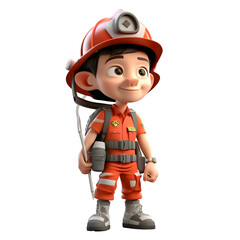 Skilled 3D Firefighter Boy with Training Equipment Ideal for Firefighting or Rescue Training Programs PNG Transparent Background