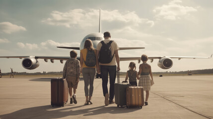 Family with suitcases going to an airplane standing on the ground in the sun. Generative AI.