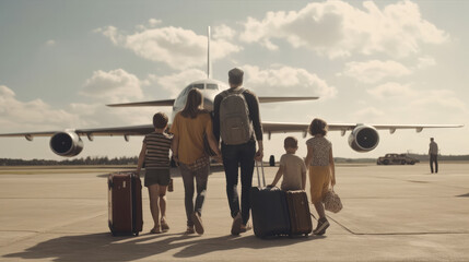 Family in front of an airplane in the ground at the airport. Generative AI.