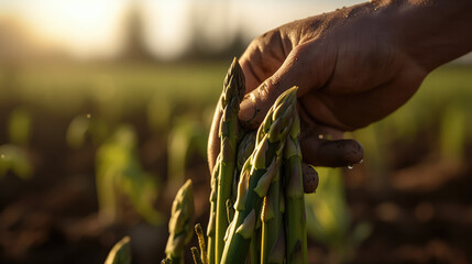 Close up of the hand of a man harvesting green asparagus on the field. Generative AI. - obrazy, fototapety, plakaty