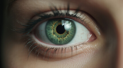 Fototapeta premium Human eye with green colour as a macro shot. Generative AI.