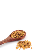 Fenugreek seeds in wooden spoon isolated on white background