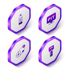 Set Isometric Nitrous oxide, Pit stop, Timing belt kit and Car key with remote icon. Purple hexagon button. Vector