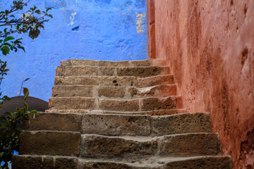 Staircase, blue and red, made of stone