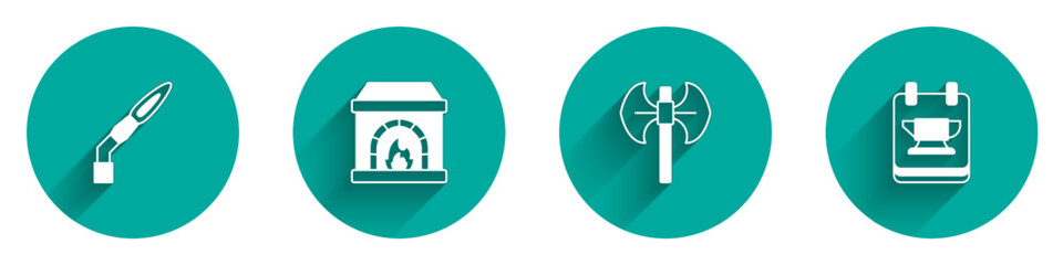 Set Welding torch, Blacksmith oven, Medieval poleaxe and anvil tool icon with long shadow. Vector