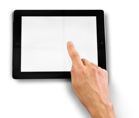 Hands Touching an iPad with Blank Screen