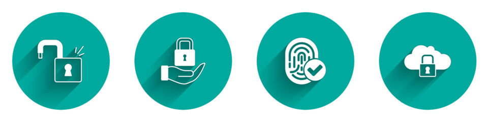 Set Open padlock, Lock, Fingerprint and Cloud computing icon with long shadow. Vector