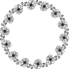 Hand drawn floral frame isolated on white background. Decorative wreath of abstract flowers. Vector outline illustration	