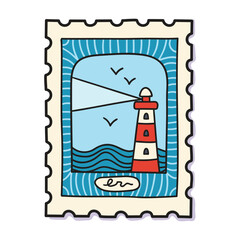 Lighthouse in the sea postal mark vector illustration. Cute cartoon drawing with marine scene. 
