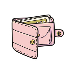 Pink wallet with paper money and coin compartment vector illustration isolated on white background. Icon for kids study. 