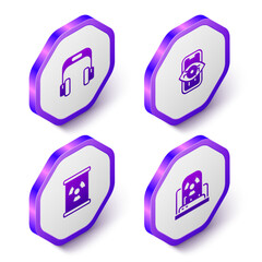 Set Isometric Headphones, Computer vision, Radioactive waste in barrel and warning lamp icon. Purple hexagon button. Vector