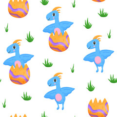 Seamless pattern with egg and newborn flying dino in cartoon style